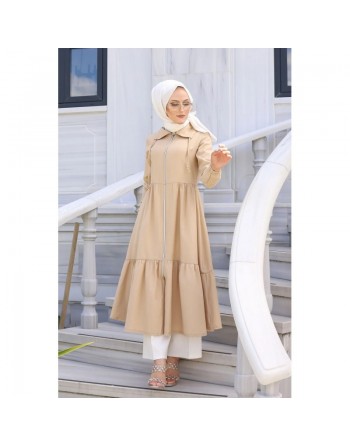 Veste zippée légère ample et évasée mi longue (Vetement mastour pour femme voilée) - Couleur beige 