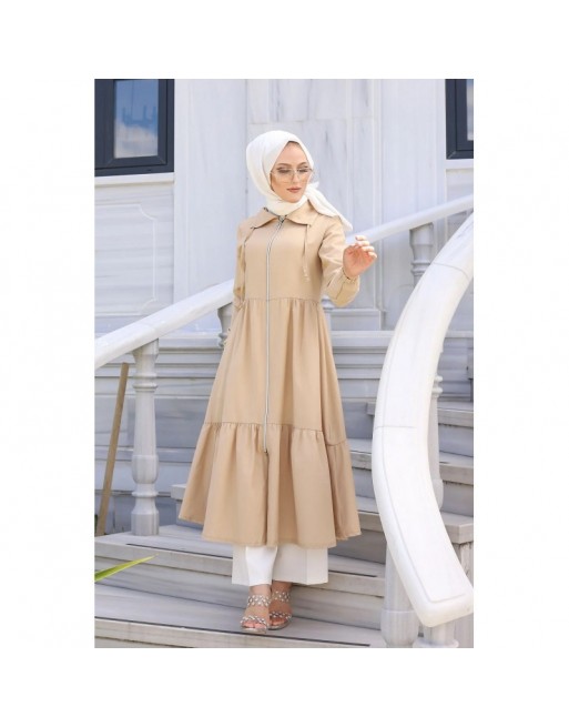 Veste zippée légère ample et évasée mi longue (Vetement mastour pour femme voilée) - Couleur beige Veste zippée légère ample et évasée mi longue (Vetement mastour pour femme voilée) - Couleur beige