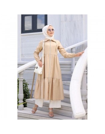 Veste zippée légère ample et évasée mi longue (Vetement mastour pour femme voilée) - Couleur beige 