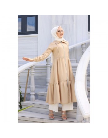 Veste zippée légère ample et évasée mi longue (Vetement mastour pour femme voilée) - Couleur beige 