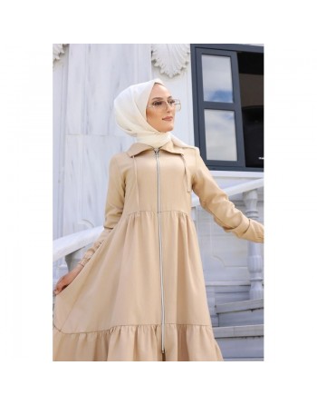 Veste zippée légère ample et évasée mi longue (Vetement mastour pour femme voilée) - Couleur beige 