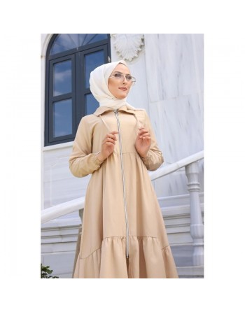 Veste zippée légère ample et évasée mi longue (Vetement mastour pour femme voilée) - Couleur beige 