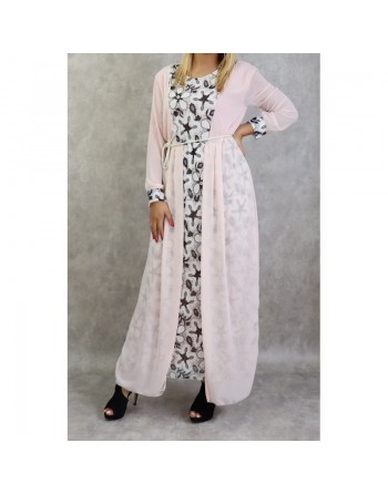 Robe longue à dentelles et mousseline de couleur rose poudré 