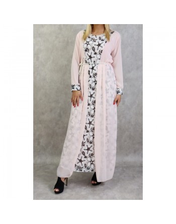 Robe longue à dentelles et mousseline de couleur rose poudré 