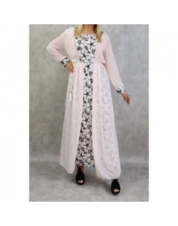 Robe longue à dentelles et mousseline de couleur rose poudré 