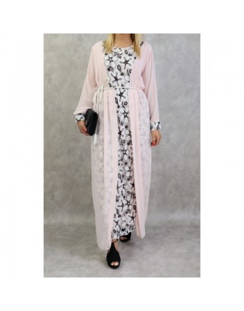 Robe longue à dentelles et mousseline de couleur rose poudré 