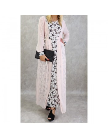 Robe longue à dentelles et mousseline de couleur rose poudré 