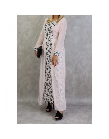Robe longue à dentelles et mousseline de couleur rose poudré 