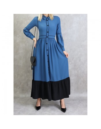 Robe longue évasée bicolore - Couleur bleu acier 