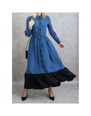 Robe longue évasée bicolore - Couleur bleu acier 
