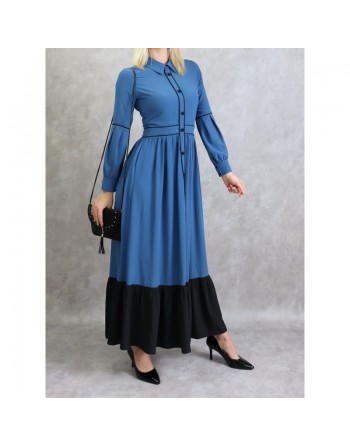 Robe longue évasée bicolore - Couleur bleu acier 