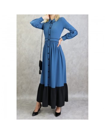 Robe longue évasée bicolore - Couleur bleu acier 