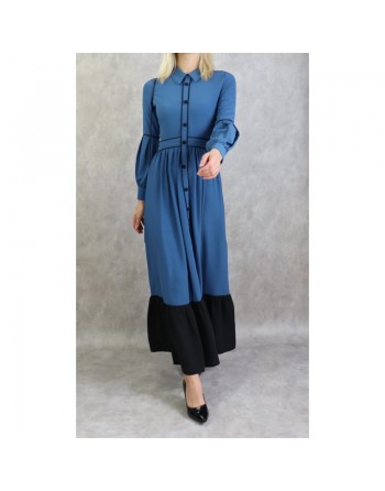 Robe longue évasée bicolore - Couleur bleu acier 