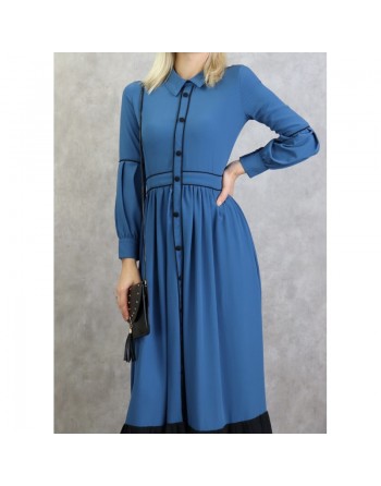 Robe longue évasée bicolore - Couleur bleu acier 