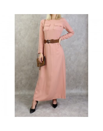 Robe longue évasée avec poches et ceinture marron pour femme - Couleur Saumon 