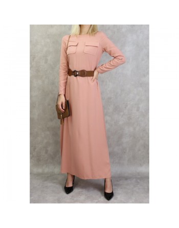 Robe longue évasée avec poches et ceinture marron pour femme - Couleur Saumon 