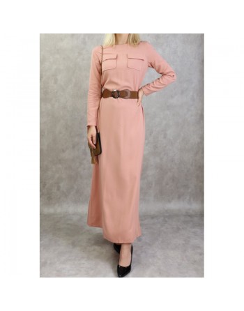 Robe longue évasée avec poches et ceinture marron pour femme - Couleur Saumon 