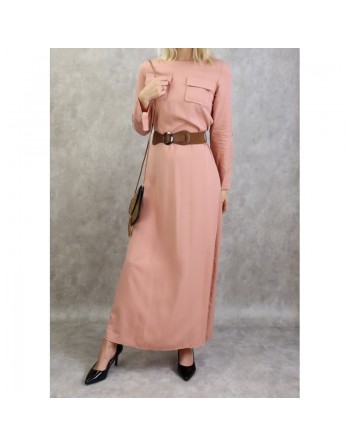 Robe longue évasée avec poches et ceinture marron pour femme - Couleur Saumon 
