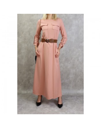 Robe longue évasée avec poches et ceinture marron pour femme - Couleur Saumon 