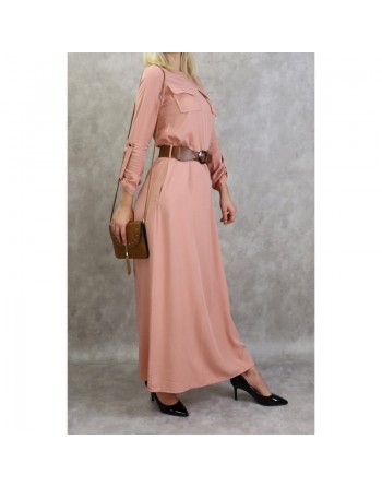 Robe longue évasée avec poches et ceinture marron pour femme - Couleur Saumon 