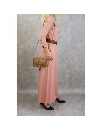 Robe longue évasée avec poches et ceinture marron pour femme - Couleur Saumon 