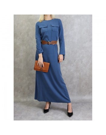 Robe longue évasée avec poches et ceinture marron - Couleur Bleu 