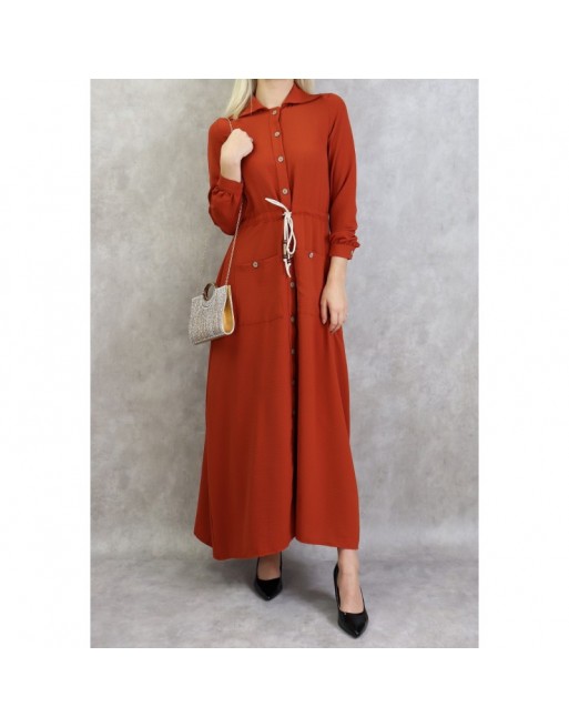 Robe casual chic pour femme - Robe longue boutonnée de couleur brique Robe casual chic pour femme - Robe longue boutonnée de couleur brique