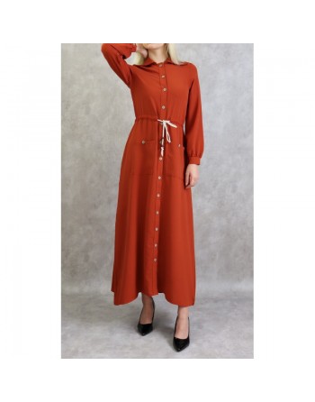 Robe casual chic pour femme - Robe longue boutonnée de couleur brique 