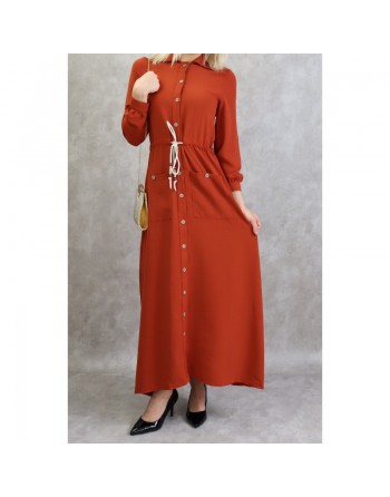 Robe casual chic pour femme - Robe longue boutonnée de couleur brique 