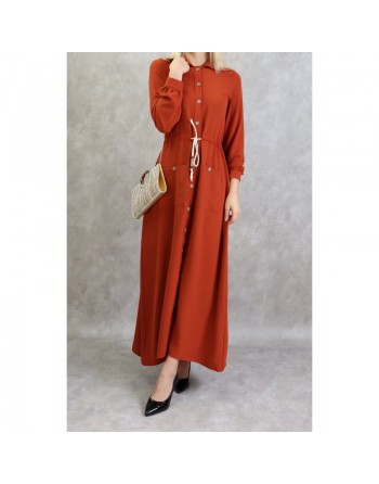 Robe casual chic pour femme - Robe longue boutonnée de couleur brique 