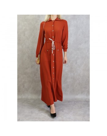 Robe casual chic pour femme - Robe longue boutonnée de couleur brique 