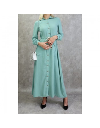 Robe casual chic pour femme - Robe longue boutonnée de couleur vert amande 