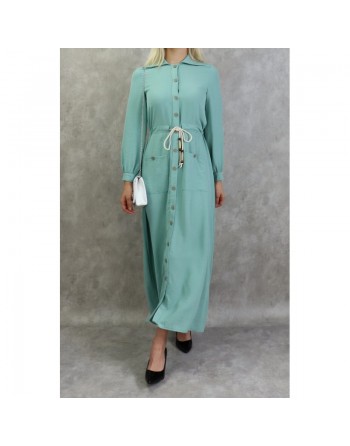 Robe casual chic pour femme - Robe longue boutonnée de couleur vert amande 