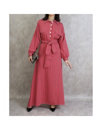Robe longue féminine rouge à rayures blanches 