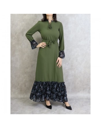 Robe longue à motifs fleuris pour femme - Couleur rose clair vert kaki 