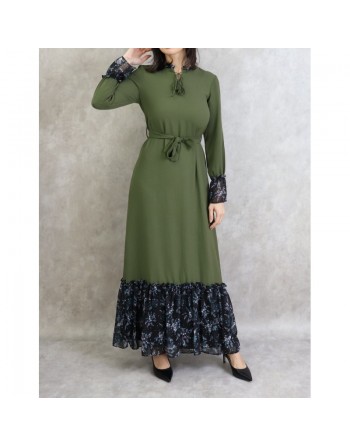 Robe longue à motifs fleuris pour femme - Couleur rose clair vert kaki 