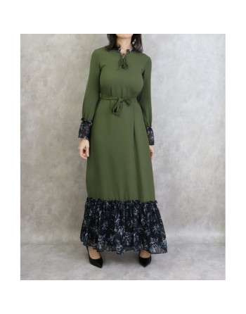 Robe longue à motifs fleuris pour femme - Couleur rose clair vert kaki 