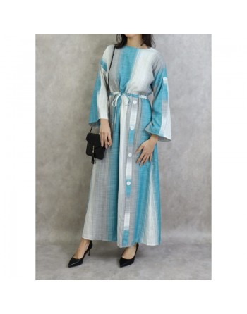 Robe longue effet tissé pour femme de couleur gris clair, turquoise et blanc 