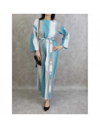Robe longue effet tissé pour femme de couleur gris clair, turquoise et blanc 