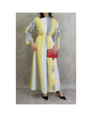 Robe longue pour femme effet tissé de couleur gris clair, jaune et blanc 