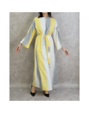 Robe longue pour femme effet tissé de couleur gris clair, jaune et blanc 