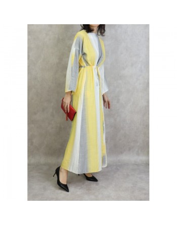 Robe longue pour femme effet tissé de couleur gris clair, jaune et blanc 