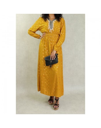 Robe fluide avec motifs dorés broderies et pompons pour femme - Couleur Jaune moutarde 