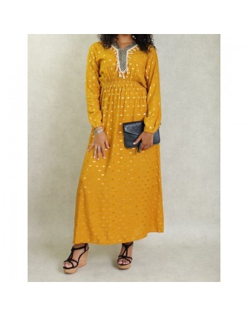 Robe fluide avec motifs dorés broderies et pompons pour femme - Couleur Jaune moutarde 