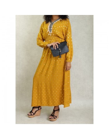 Robe fluide avec motifs dorés broderies et pompons pour femme - Couleur Jaune moutarde 