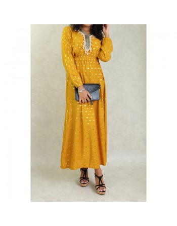 Robe fluide avec motifs dorés broderies et pompons pour femme - Couleur Jaune moutarde 
