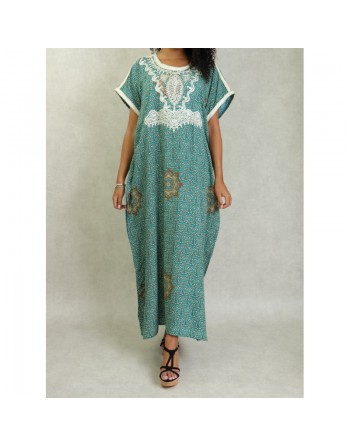 Robe longue imprimée à motifs fleuris arabesques et broderies pour femme - Couleur Vert 