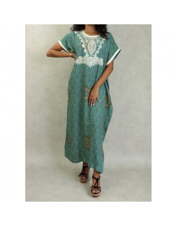 Robe longue imprimée à motifs fleuris arabesques et broderies pour femme - Couleur Vert 
