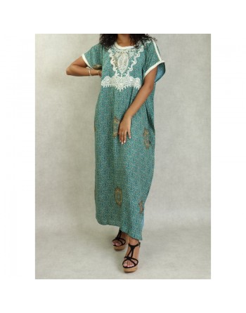 Robe longue imprimée à motifs fleuris arabesques et broderies pour femme - Couleur Vert 