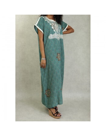 Robe longue imprimée à motifs fleuris arabesques et broderies pour femme - Couleur Vert 